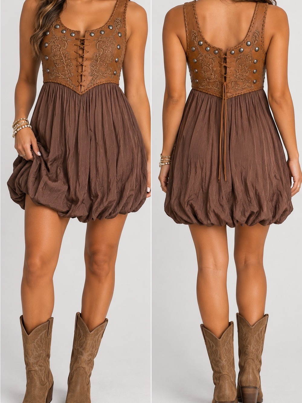 Ralph Lauren Brown Silk Blend Leather Bodice Bubble Hem Boho Dress L